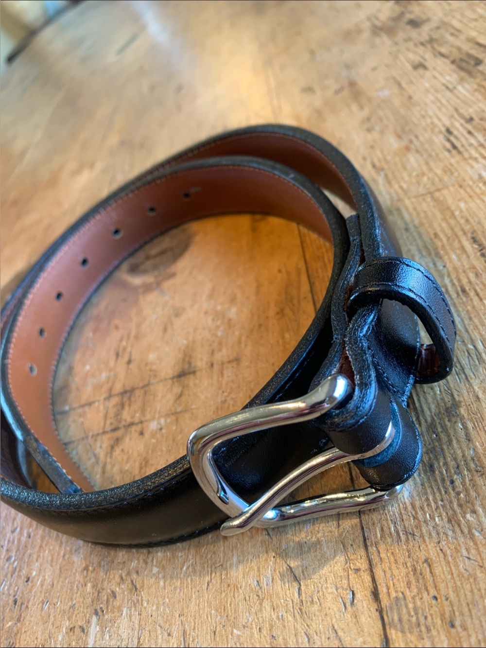 Men's Black Leather Belt with Polished Silver Buckle